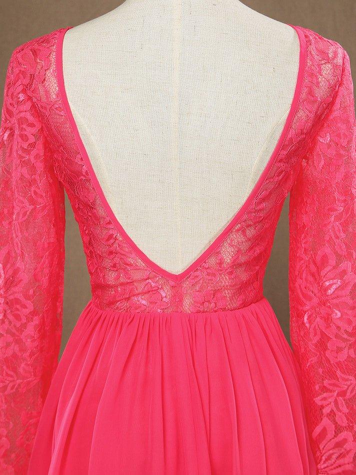 NumberSea - A - Line Jewel Neck Knee Length Chiffon Lace Bridesmaid Dress with Long Sleeves Open Back