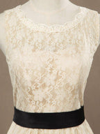 NumberSea - A - Line Jewel Neck Knee Length Lace Bridesmaid Dress Sleeveless with Belt