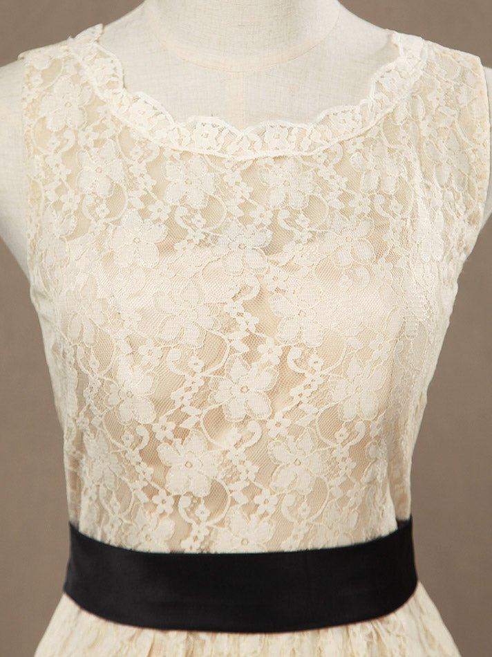 NumberSea - A - Line Jewel Neck Knee Length Lace Bridesmaid Dress Sleeveless with Belt