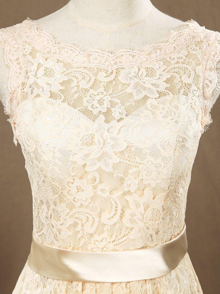 NumberSea - A - Line Jewel Neck Knee Length Lace Bridesmaid Dress Sleeveless