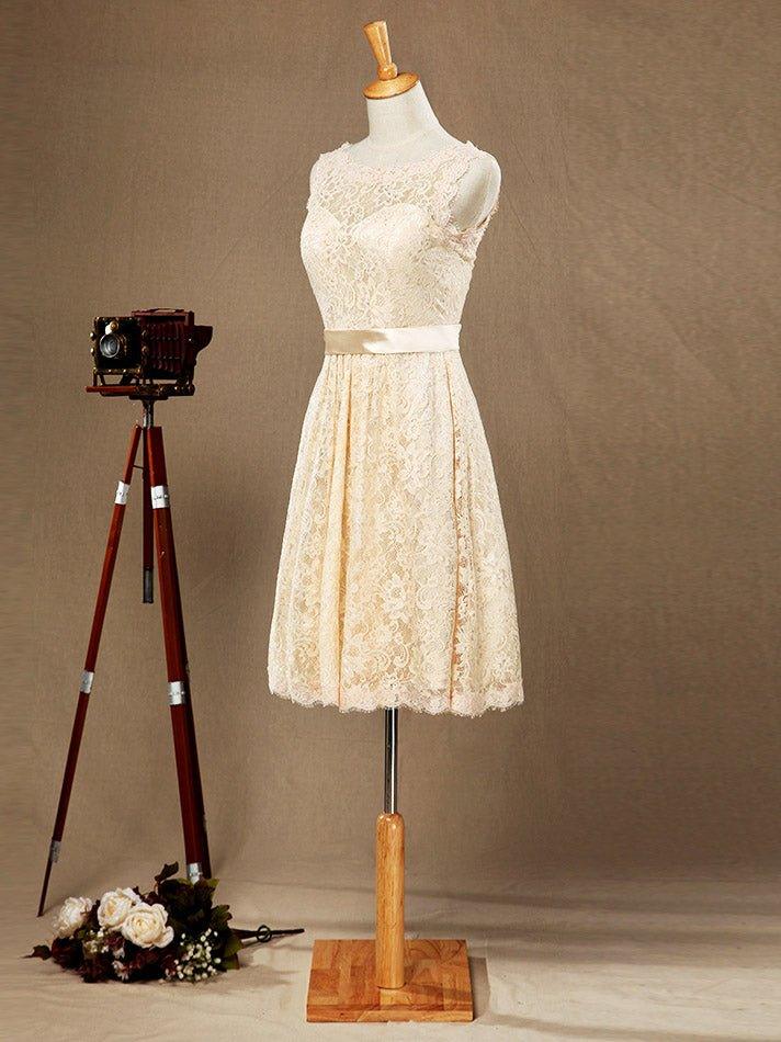 NumberSea - A - Line Jewel Neck Knee Length Lace Bridesmaid Dress Sleeveless