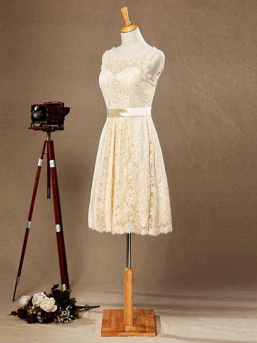 NumberSea - A - Line Jewel Neck Knee Length Lace Bridesmaid Dress Sleeveless