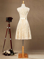NumberSea - A - Line Jewel Neck Knee Length Lace Bridesmaid Dress Sleeveless
