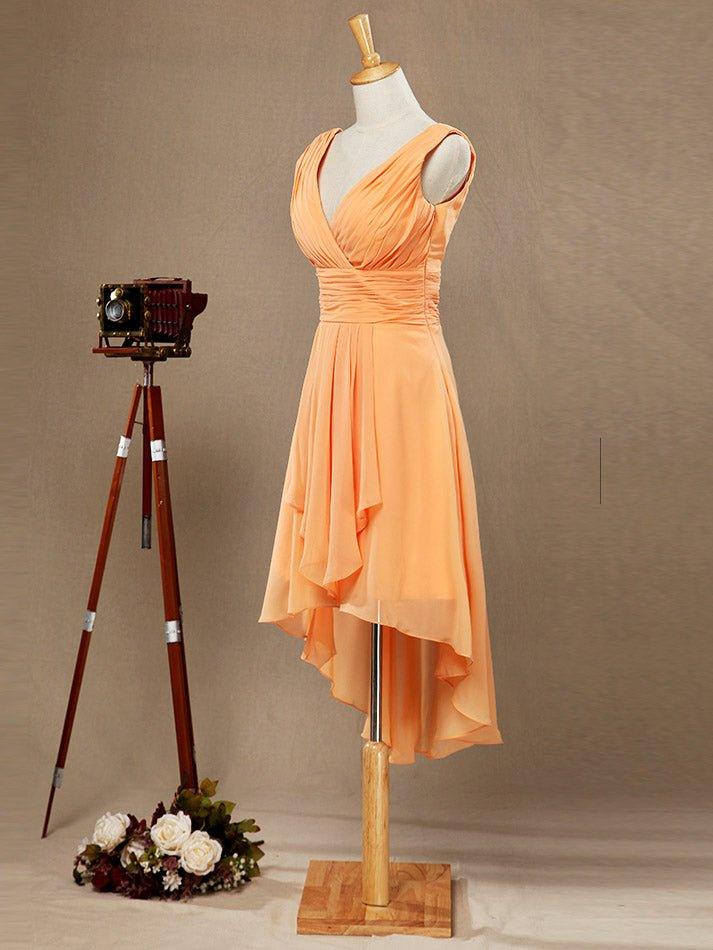 NumberSea - A - Line V - neck High - low Chiffon Bridesmaid Dress with Draping Criss Cross Ruching Open Back