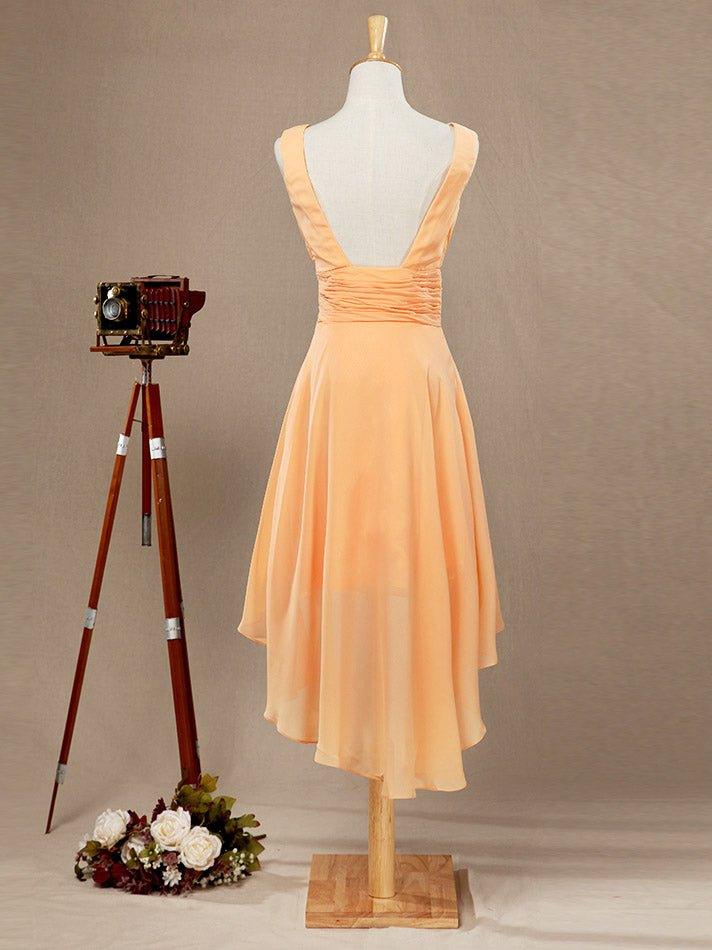 NumberSea - A - Line V - neck High - low Chiffon Bridesmaid Dress with Draping Criss Cross Ruching Open Back
