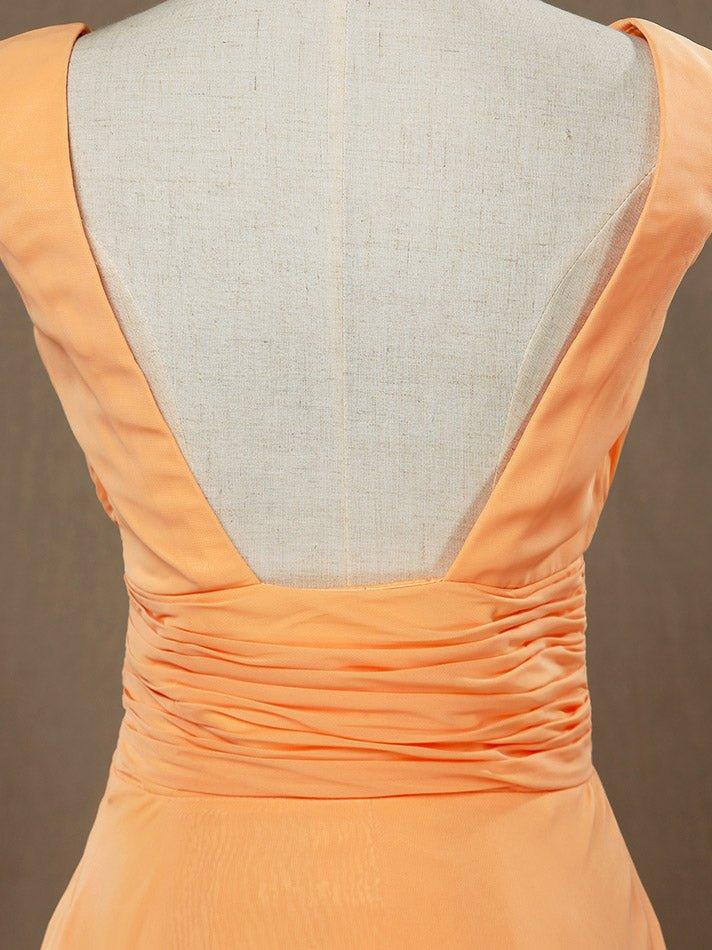 NumberSea - A - Line V - neck High - low Chiffon Bridesmaid Dress with Draping Criss Cross Ruching Open Back
