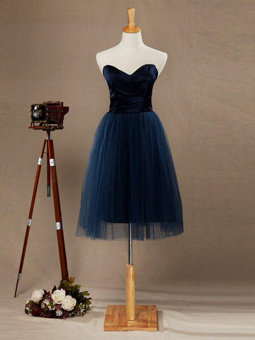 NumberSea - A - Line Strapless Sweetheart Knee Length Satin Tulle Bridesmaid Dress