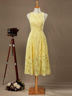 NumberSea - Numbersea Sheath / Column Bateau Neck Tea Length Lace Bridesmaid Dress