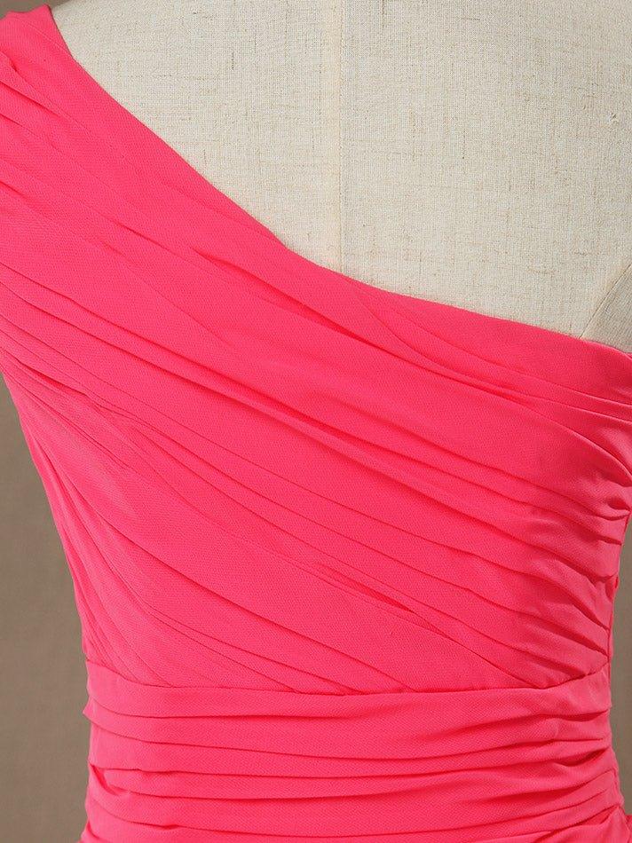 NumberSea - A - Line One Shoulder Knee Length Chiffon Bridesmaid Dress with Pleats