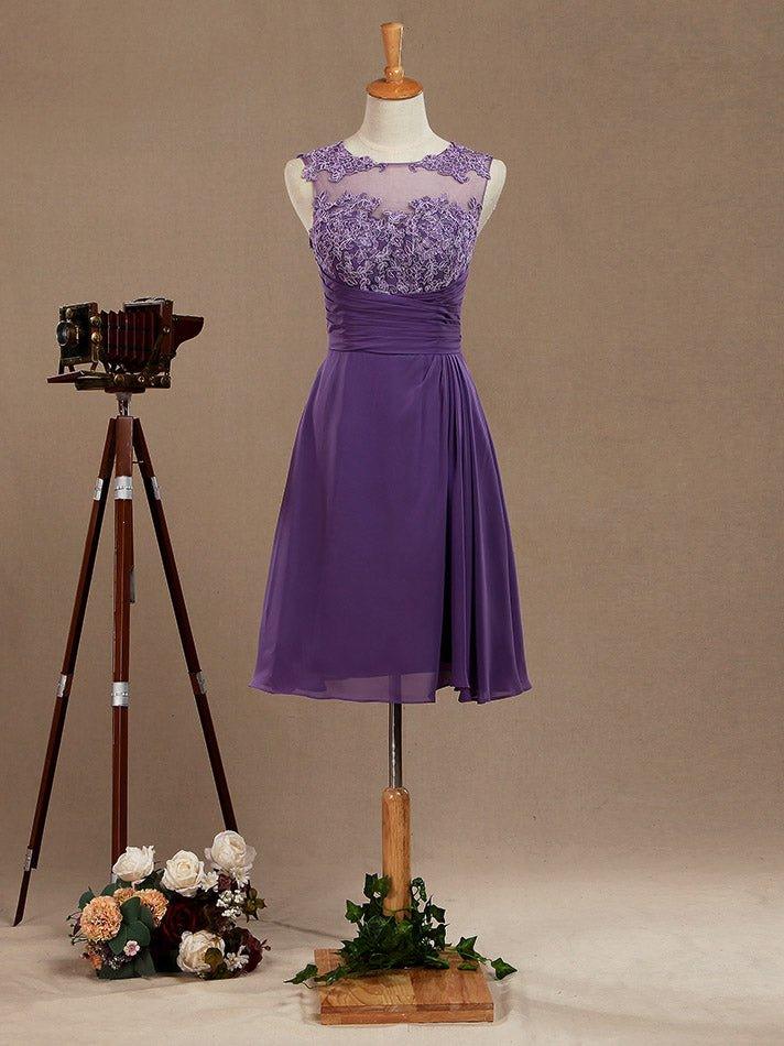 NumberSea - A - Line Knee Length Chiffon Bridesmaid Dress with Lace Jewel Neck Buttons