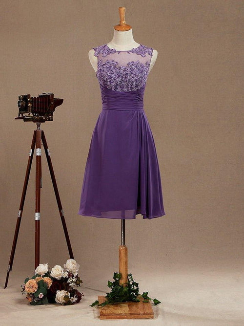 NumberSea - A - Line Knee Length Chiffon Bridesmaid Dress with Lace Jewel Neck Buttons