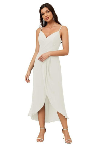 Numbersea Spaghetti Chiffon V Neck Bridesmaid Dress Mid-Length Slit Formal Prom Dress Homecoming Dress 2803-numbersea