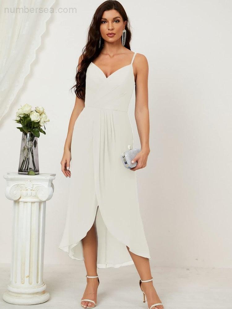 Numbersea Spaghetti Chiffon V Neck Bridesmaid Dress Mid-Length Slit Formal Prom Dress Homecoming Dress 2803-numbersea