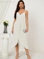 Numbersea Spaghetti Chiffon V Neck Bridesmaid Dress Mid-Length Slit Formal Prom Dress Homecoming Dress 2803-numbersea