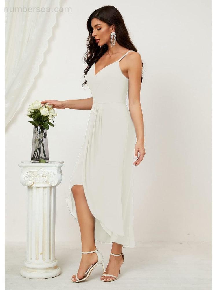 Numbersea Spaghetti Chiffon V Neck Bridesmaid Dress Mid-Length Slit Formal Prom Dress Homecoming Dress 2803-numbersea