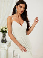 Numbersea Spaghetti Chiffon V Neck Bridesmaid Dress Mid-Length Slit Formal Prom Dress Homecoming Dress 2803-numbersea