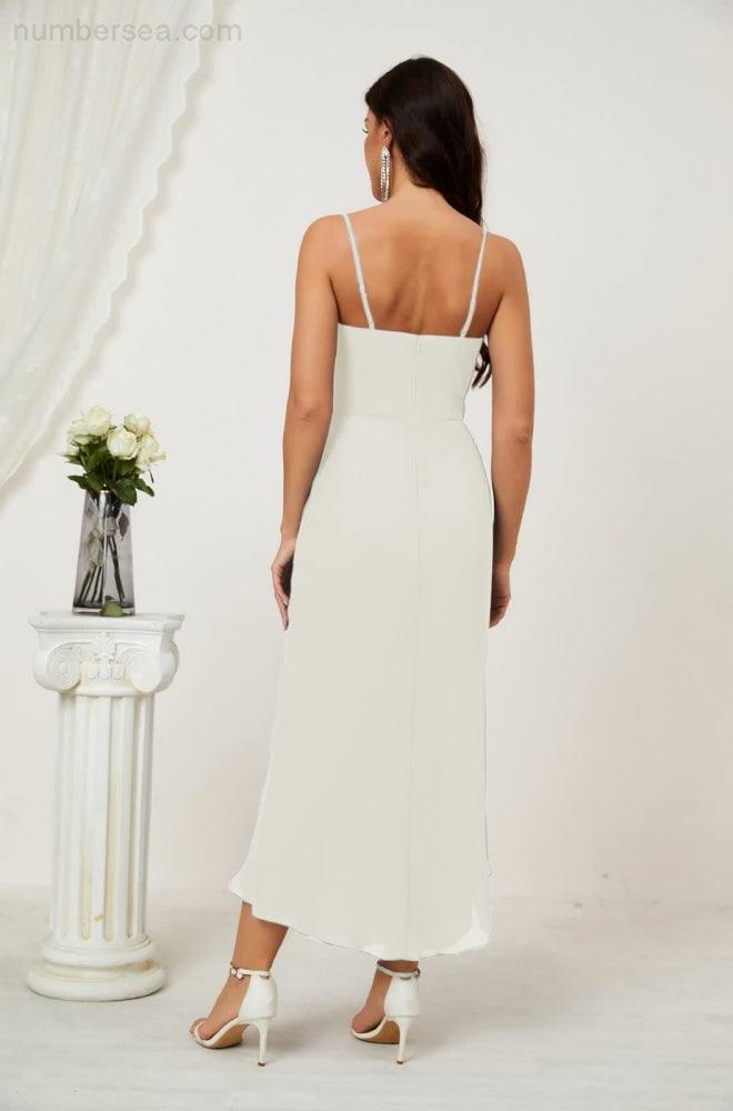 Numbersea Spaghetti Chiffon V Neck Bridesmaid Dress Mid-Length Slit Formal Prom Dress Homecoming Dress 2803-numbersea