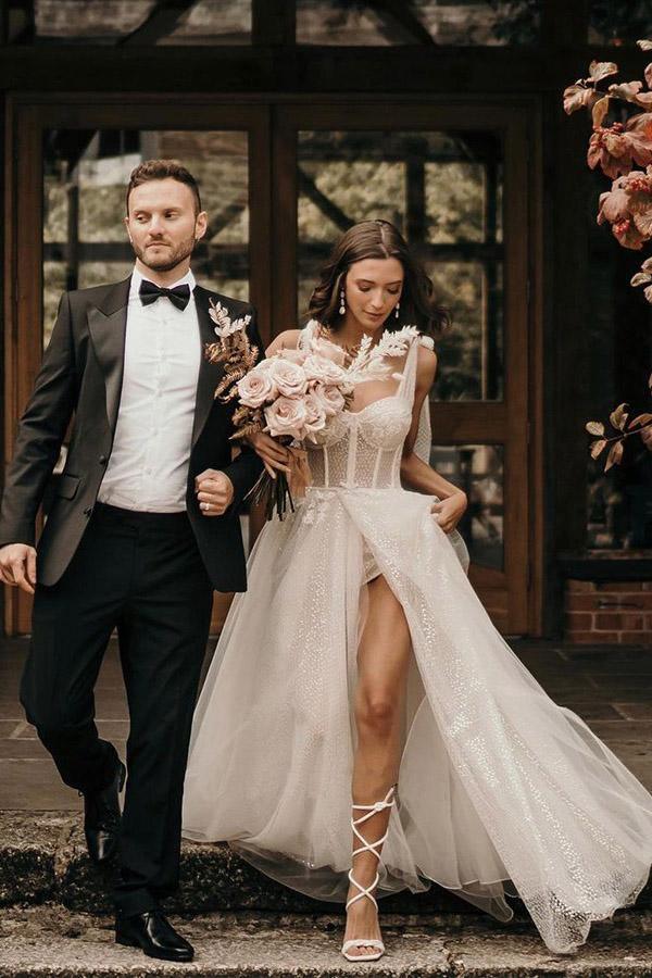 Vestidos de novia tirantes línea A con lentejuelas sin mangas