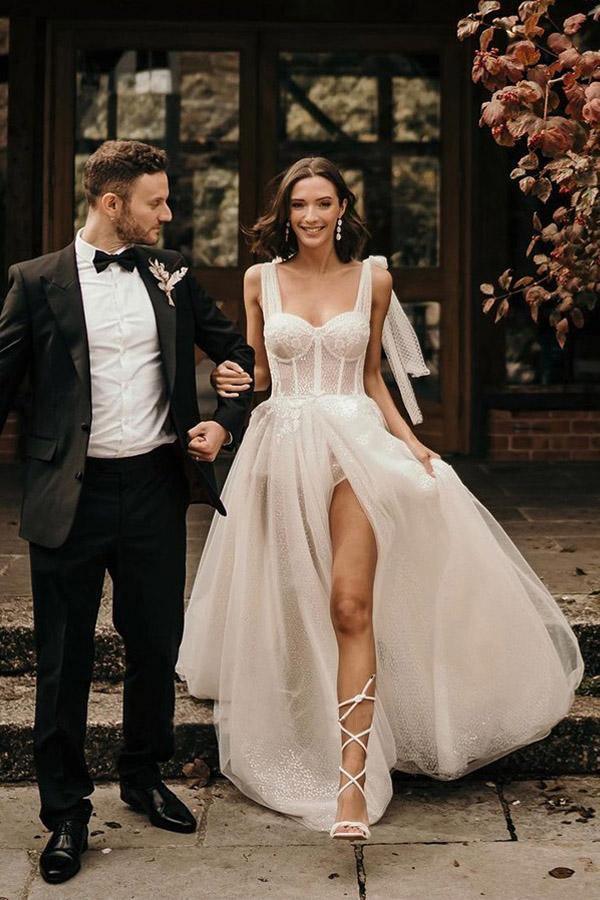 Vestidos de novia tirantes línea A con lentejuelas sin mangas