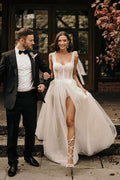 Vestidos de novia tirantes línea A con lentejuelas sin mangas