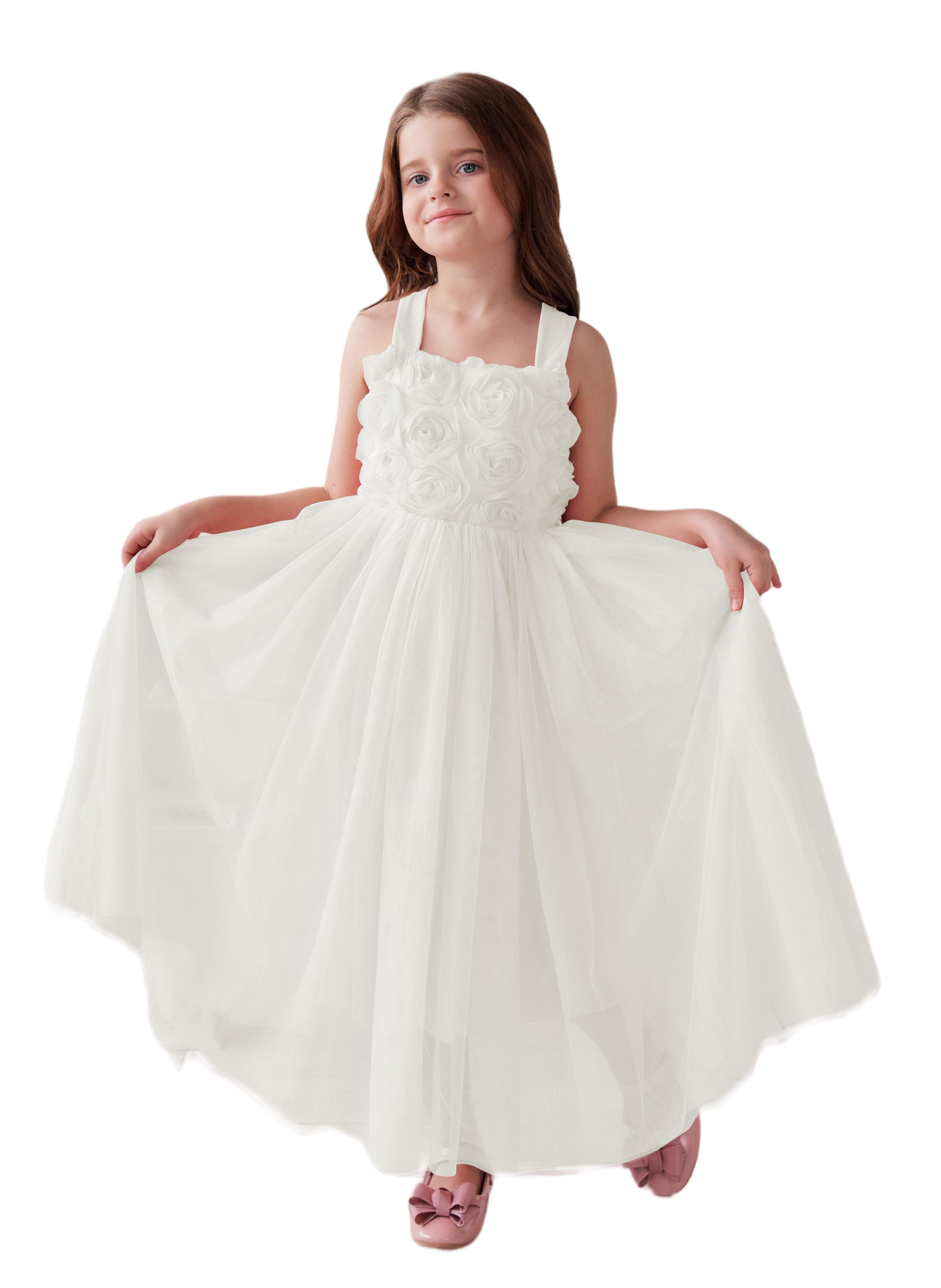 Enchanted Garden Girl Baby Toddler 3D Flower Embellishment Floral Applique Tulle Bow Dress