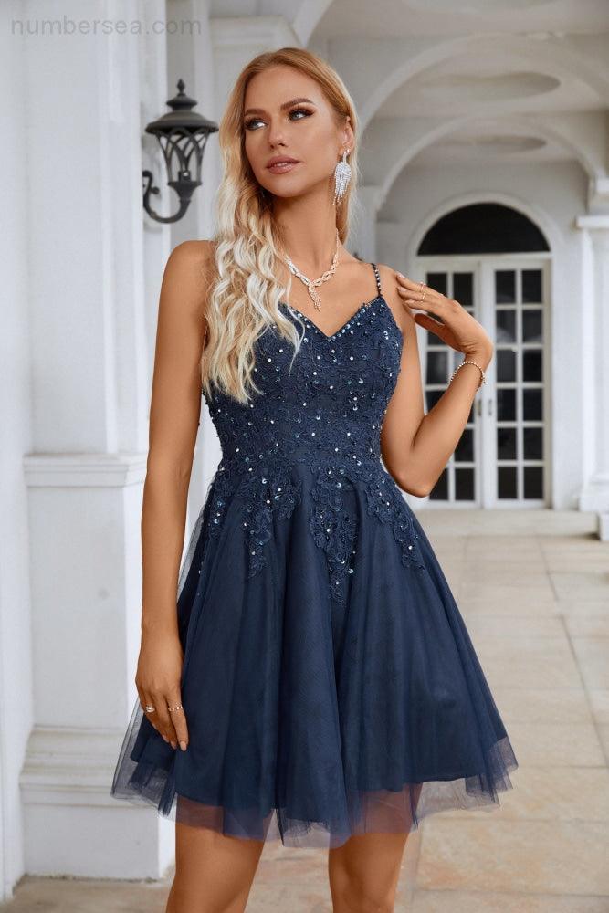 Ladies V Neck Sequins Embroidered Spaghetti Straps Super Short Bridesmaid Evening Dress Wedding
