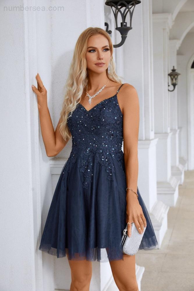 Ladies V Neck Sequins Embroidered Spaghetti Straps Super Short Bridesmaid Evening Dress Wedding