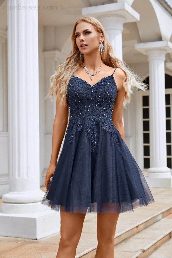 Ladies V Neck Sequins Embroidered Spaghetti Straps Super Short Bridesmaid Evening Dress Wedding