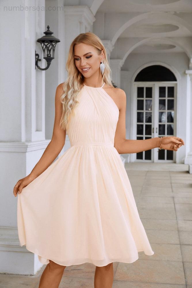 Women's Halter Neck Chiffon Fluffy Bridesmaid Evening Dress Wedding Party Beach Evening Dress 28104-numbersea