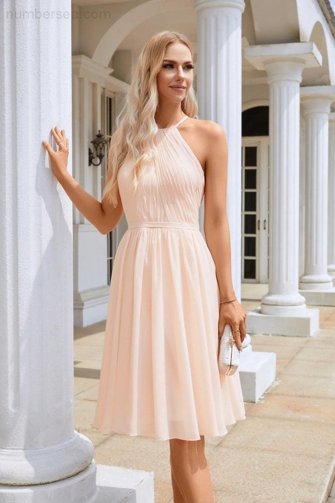 Women's Halter Neck Chiffon Fluffy Bridesmaid Evening Dress Wedding Party Beach Evening Dress 28104-numbersea