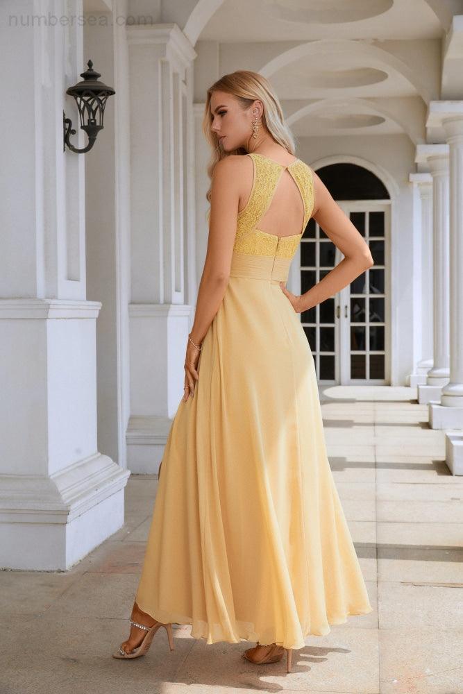 Ladies Lace Chiffon Round Neck Sleeveless Floor Length Bridesmaid Prom Evening Dress Wedding Party Beach 28106-numbersea