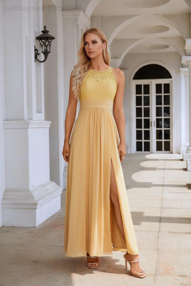 Ladies Lace Chiffon Round Neck Sleeveless Floor Length Bridesmaid Prom Evening Dress Wedding Party Beach 28106-numbersea