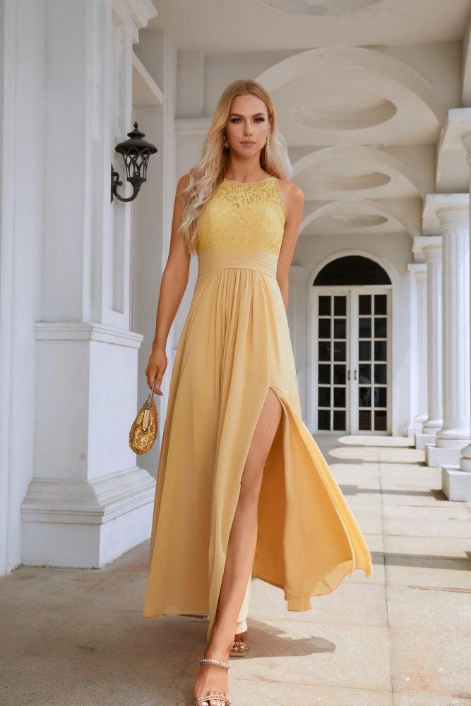 Ladies Lace Chiffon Round Neck Sleeveless Floor Length Bridesmaid Prom Evening Dress Wedding Party Beach 28106-numbersea