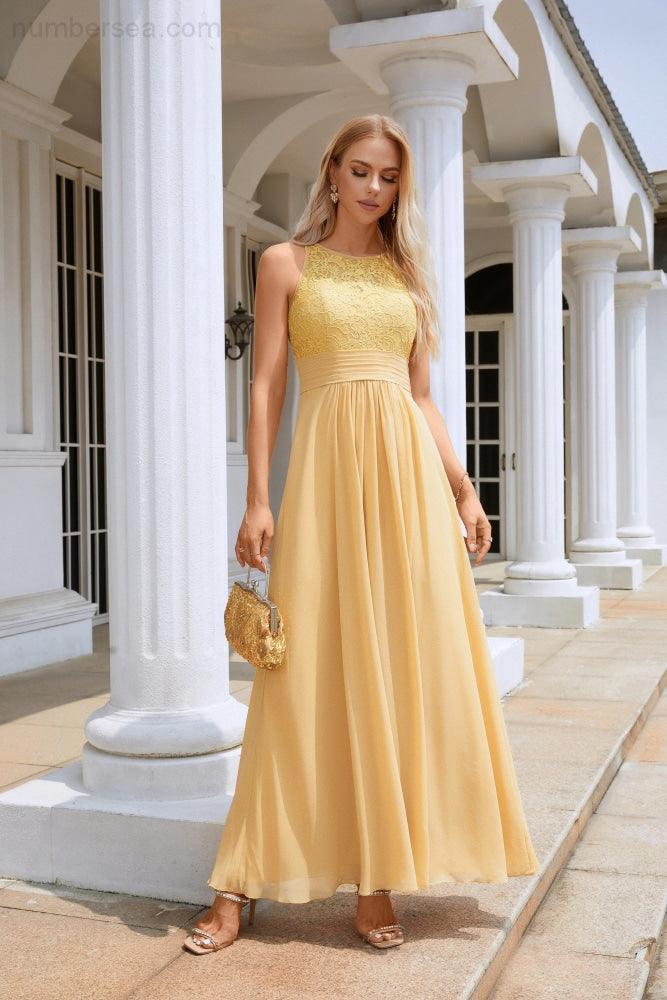 Ladies Lace Chiffon Round Neck Sleeveless Floor Length Bridesmaid Prom Evening Dress Wedding Party Beach 28106-numbersea