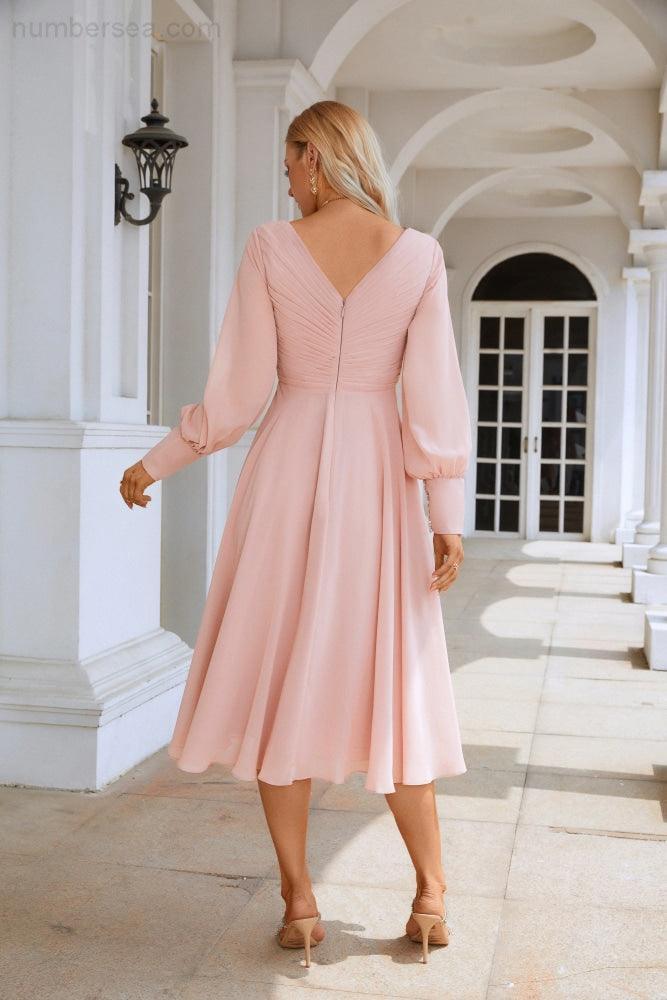 Women Chiffon V Neck Long Sleeves Knee Length Bridesmaid Prom Evening Dress Wedding Party Shopping