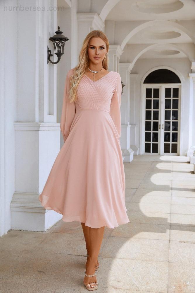 Women Chiffon V Neck Long Sleeves Knee Length Bridesmaid Prom Evening Dress Wedding Party Shopping