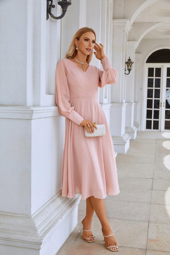 Women Chiffon V Neck Long Sleeves Knee Length Bridesmaid Prom Evening Dress Wedding Party Shopping