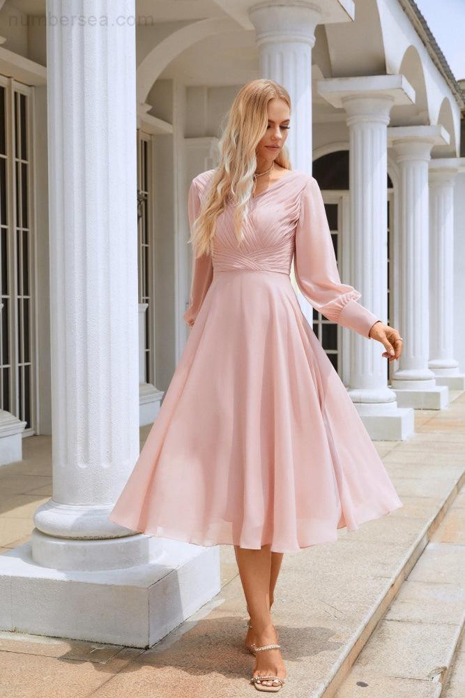 Women Chiffon V Neck Long Sleeves Knee Length Bridesmaid Prom Evening Dress Wedding Party Shopping