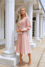 Women Chiffon V Neck Long Sleeves Knee Length Bridesmaid Prom Evening Dress Wedding Party Shopping