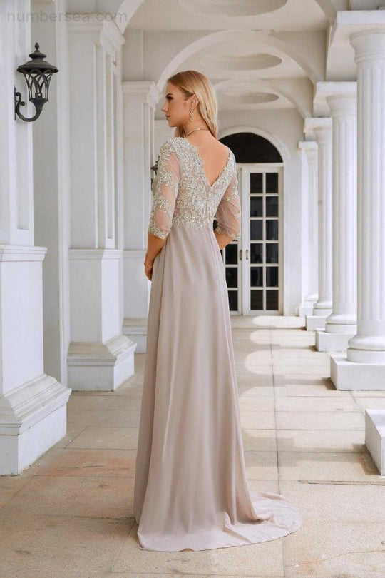 Women's Chiffon V Neck Embroidery Long Sleeve Front Slit Bridesmaid Dresses Wedding Party Prom Evening Dress SY28130