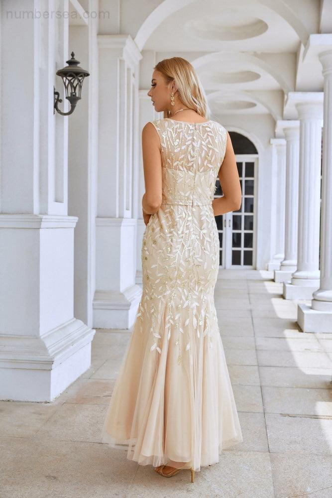 Ladies V Neck Embroidery Sleeveless Floor Length Mermaid Bridesmaid Evening Dress Wedding Party Prom