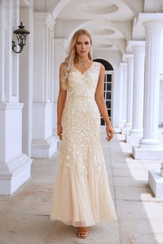 Ladies V Neck Embroidery Sleeveless Floor Length Mermaid Bridesmaid Evening Dress Wedding Party Prom