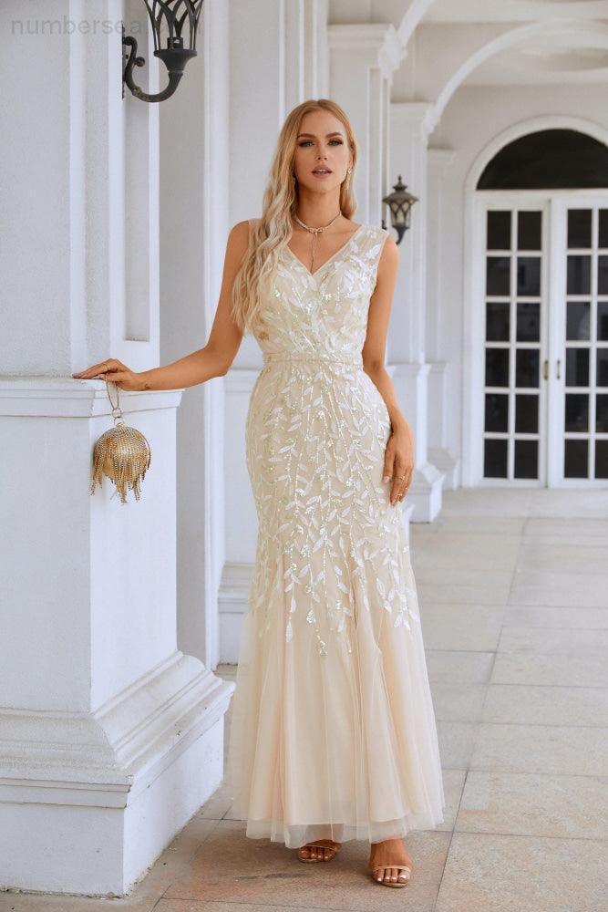 Ladies V Neck Embroidery Sleeveless Floor Length Mermaid Bridesmaid Evening Dress Wedding Party Prom