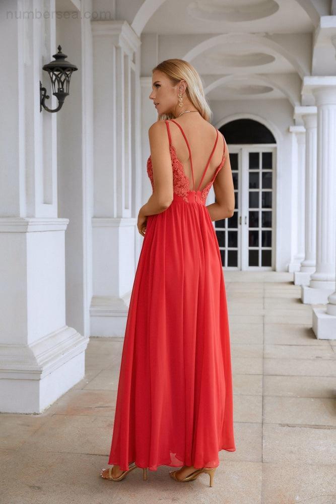 Ladies Spaghetti Strap V Neck Lace Floor Length Bridesmaid Evening Dress Prom Wedding Sea28111