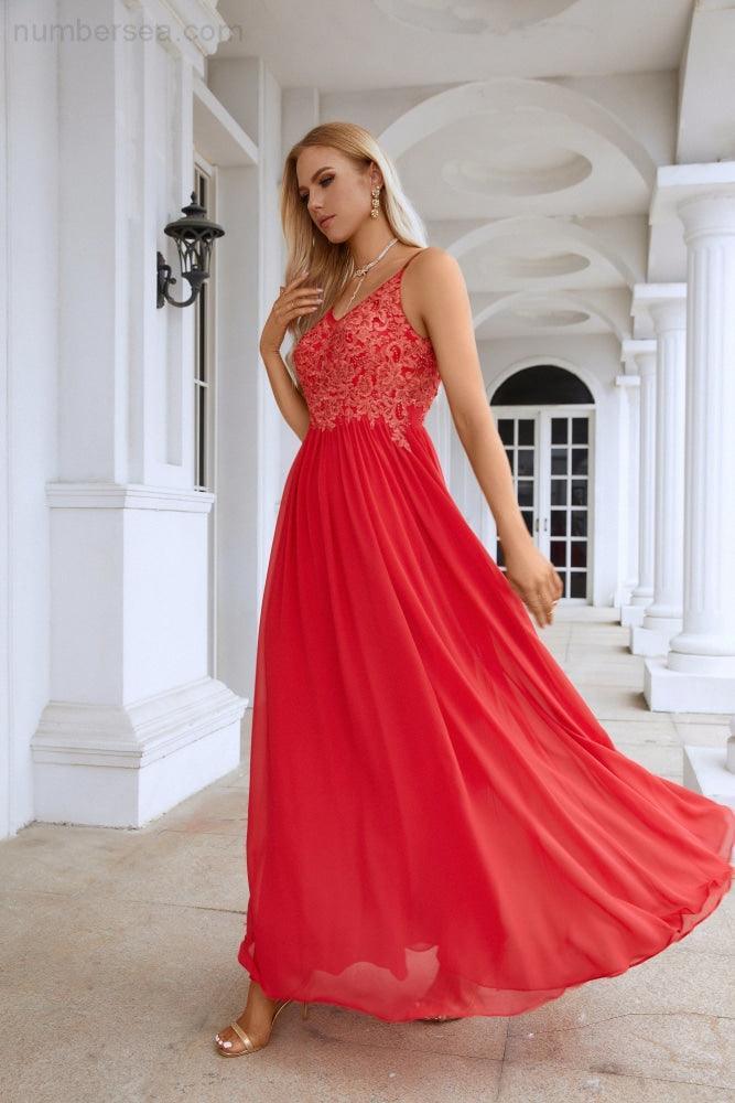 Ladies Spaghetti Strap V Neck Lace Floor Length Bridesmaid Evening Dress Prom Wedding Sea28111