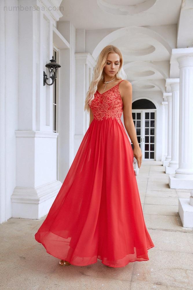 Ladies Spaghetti Strap V Neck Lace Floor Length Bridesmaid Evening Dress Prom Wedding Sea28111
