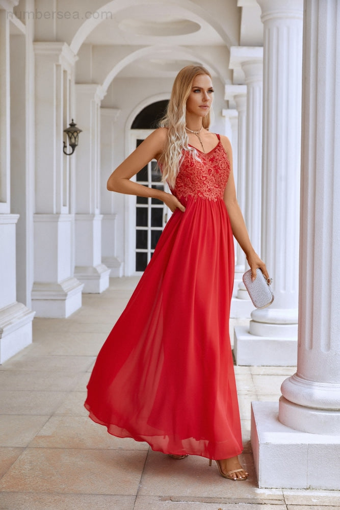 Ladies Spaghetti Strap V Neck Lace Floor Length Bridesmaid Evening Dress Prom Wedding Sea28111
