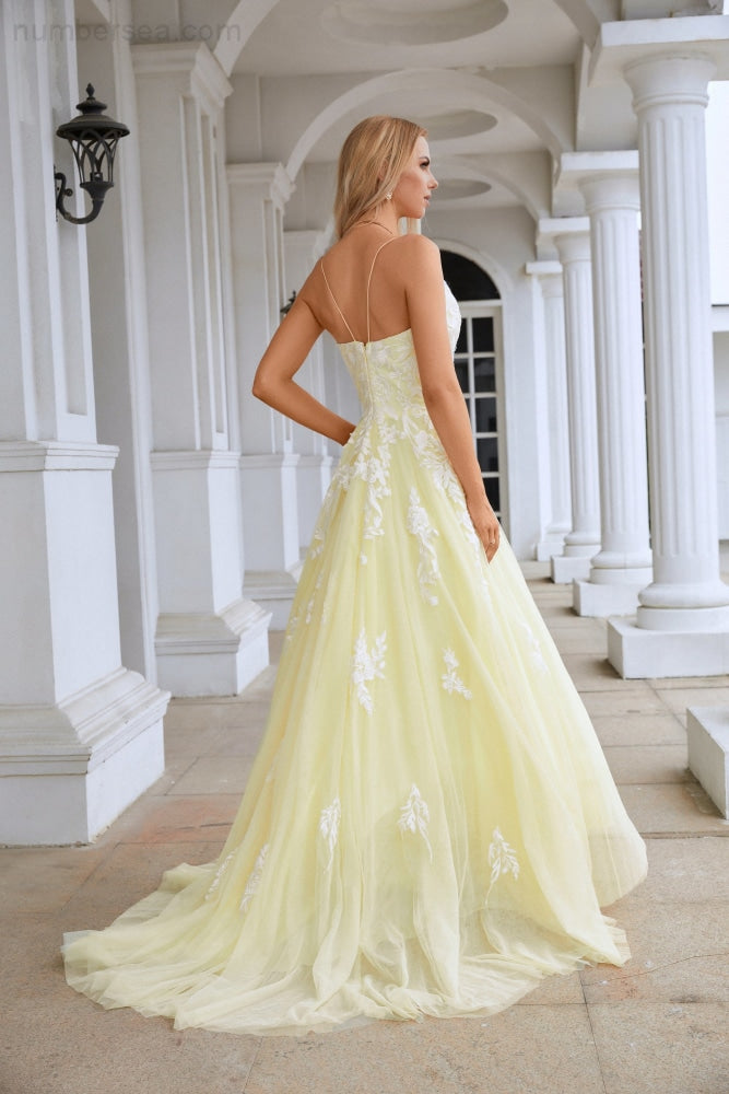 Ladies Spaghetti Strap V Neck Tulle Lace Floor Length Bridesmaid Evening Dress Prom Wedding Sea28112