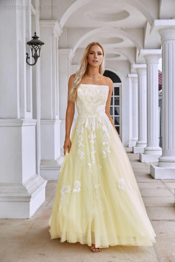 Ladies Spaghetti Strap V Neck Tulle Lace Floor Length Bridesmaid Evening Dress Prom Wedding Sea28112