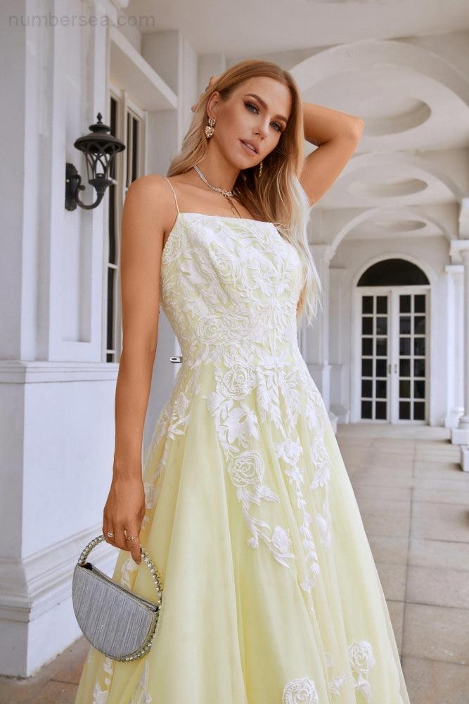 Ladies Spaghetti Strap V Neck Tulle Lace Floor Length Bridesmaid Evening Dress Prom Wedding Sea28112